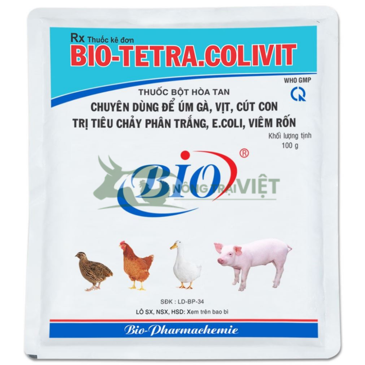 Gói thuốc úm gà Bio Tetra Colivit 10g chính hãng giúp phòng bệnh tiêu chảy
