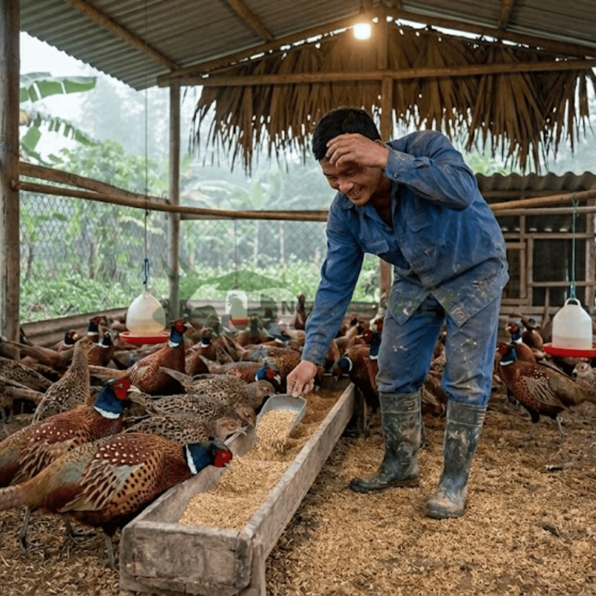 Anh Nhân cho bầy chim trĩ và gia cầm ăn buổi sáng tại Nông Trại Việt
