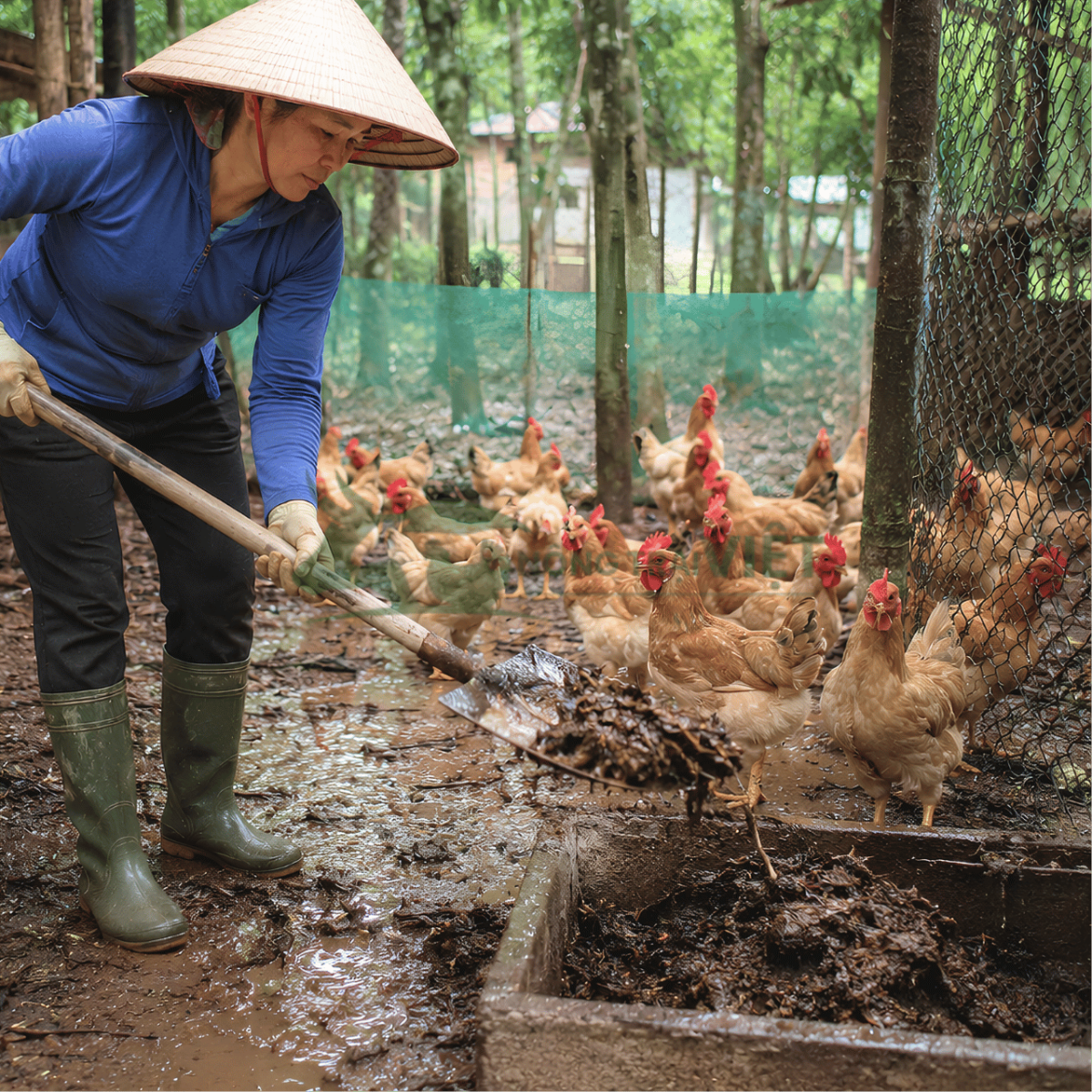 Thu gom chất độn chuồng bị ướt và đóng bánh sau mưa