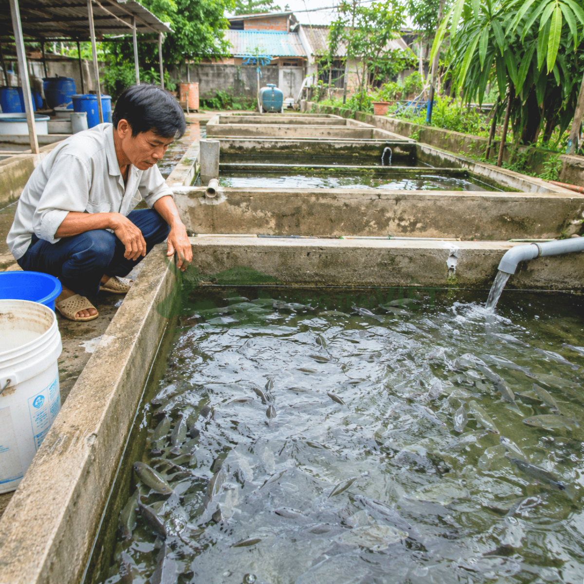 Người nuôi kiểm tra đàn cá trong bể xi măng