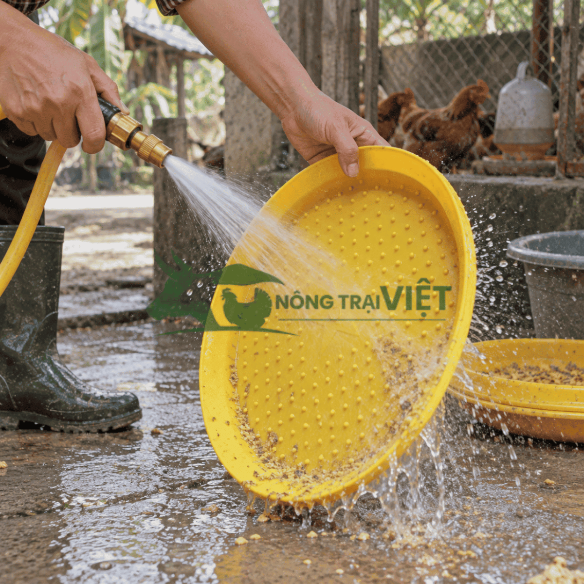 Vệ sinh mâm khay tập ăn cho gà con